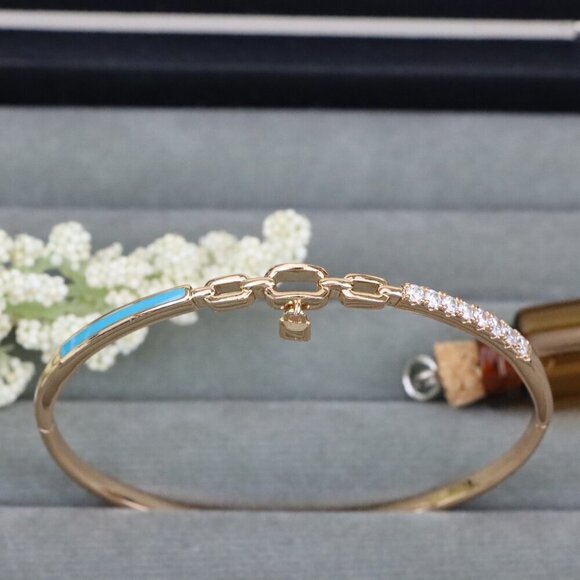 Chic Rose Gold Bangle with Lock Charm and Blue Enamel Accent, XPBL0432 - Picture 1 of 10